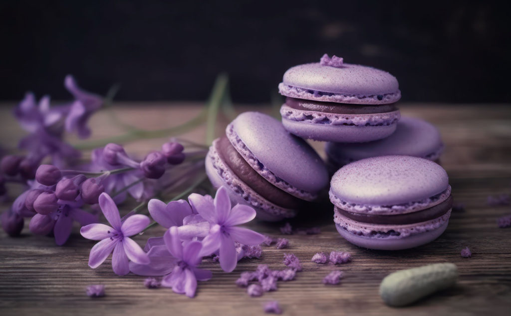 紫のマカロンと紫の花 - Webデザインテンプレート カフェ